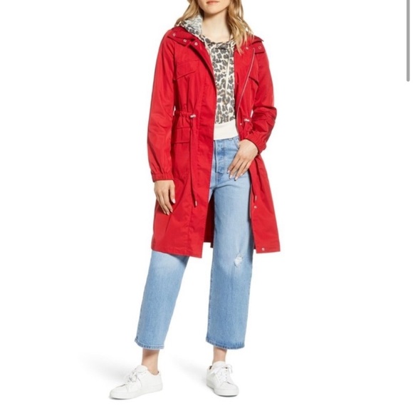 NWT Avec Les Filles Red Oversized Rain Anorak Hooded Trench Coat Women’s Small - Picture 2 of 13